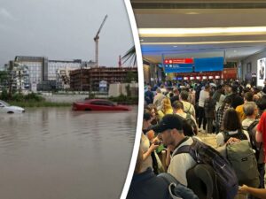Geschreeuw en commotie op vliegveld Dubai na noodweer, Patrick staat al 18 uur in de rij